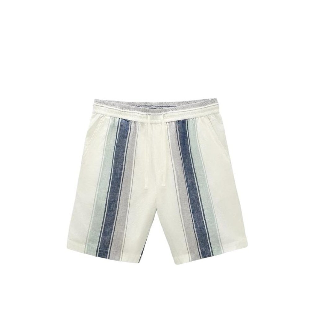 ZARA STRIPED LINEN AND COTTON BERMUDA SHORTS WHITE/BLUE SIZE L 6103/445/902